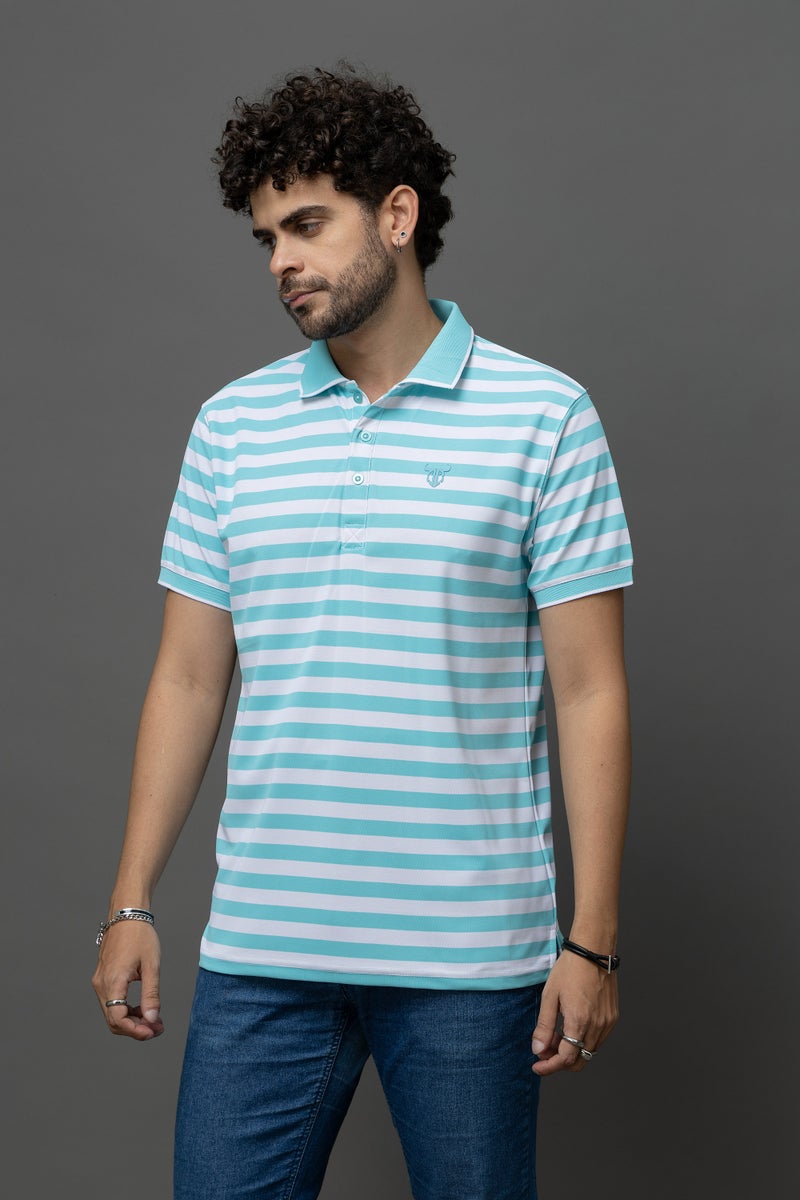 GO DEVIL Blue & White Striped Polo T-Shirt for Men - Image 1